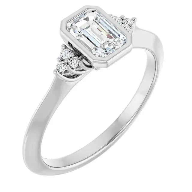 14K White Gold 5/8 CTW Emerald-Cut Diamond Engagement Ring with Bezel Setting and Round Side Accents