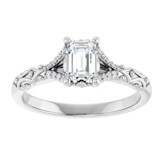 14K White Gold 5/8 CTW Emerald-Cut Diamond Engagement Ring with Vintage-Inspired Filigree and Pave Accents