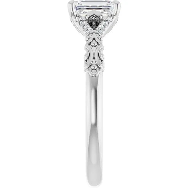 14K White Gold 5/8 CTW Emerald-Cut Diamond Engagement Ring with Vintage-Inspired Filigree and Pave Accents