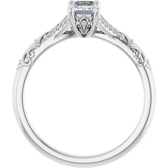 14K White Gold 5/8 CTW Emerald-Cut Diamond Engagement Ring with Vintage-Inspired Filigree and Pave Accents