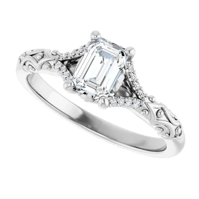 14K White Gold 5/8 CTW Emerald-Cut Diamond Engagement Ring with Vintage-Inspired Filigree and Pave Accents