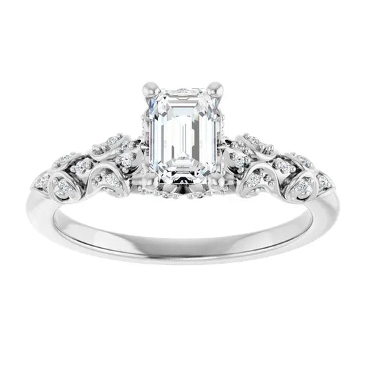 14K White Gold 5/8 CTW Emerald Cut Diamond Engagement Ring with Vintage-Inspired Scroll and Milgrain Accents