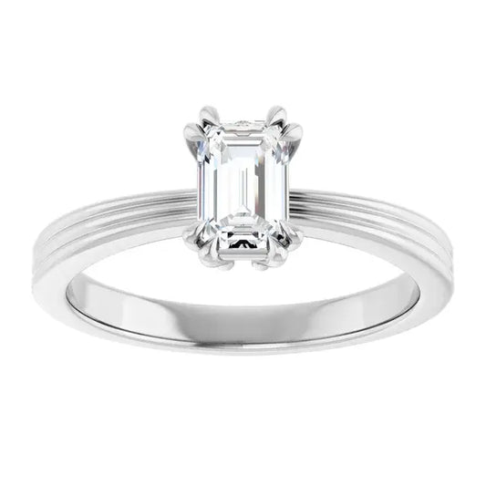 14K White Gold 5/8 CTW Emerald Cut Diamond Solitaire Engagement Ring with Double Claw Prong Setting and Grooved Band