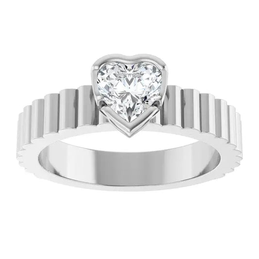 14K White Gold 5/8 CTW Heart Cut Diamond Engagement Ring with Bezel Setting and Grooved Band