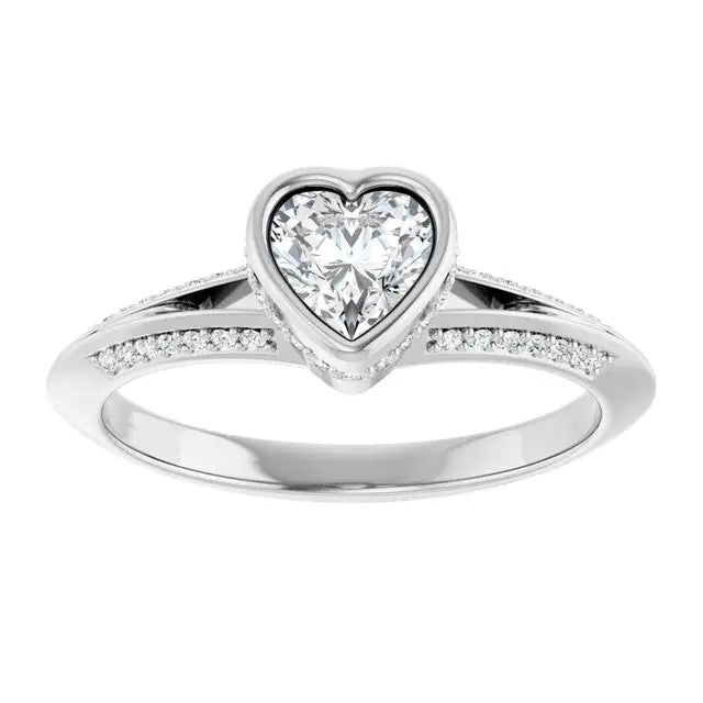 14K White Gold 5/8 CTW Heart-Cut Diamond Engagement Ring with Bezel Setting and Pavé Accents