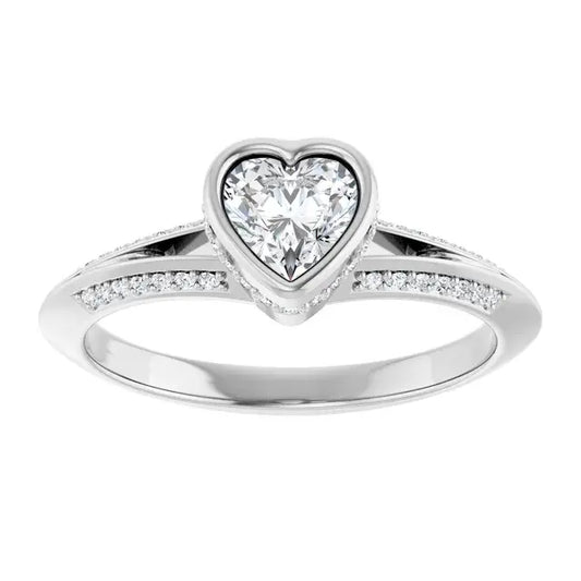 14K White Gold 5/8 CTW Heart-Cut Diamond Engagement Ring with Bezel Setting and Pavé Accents