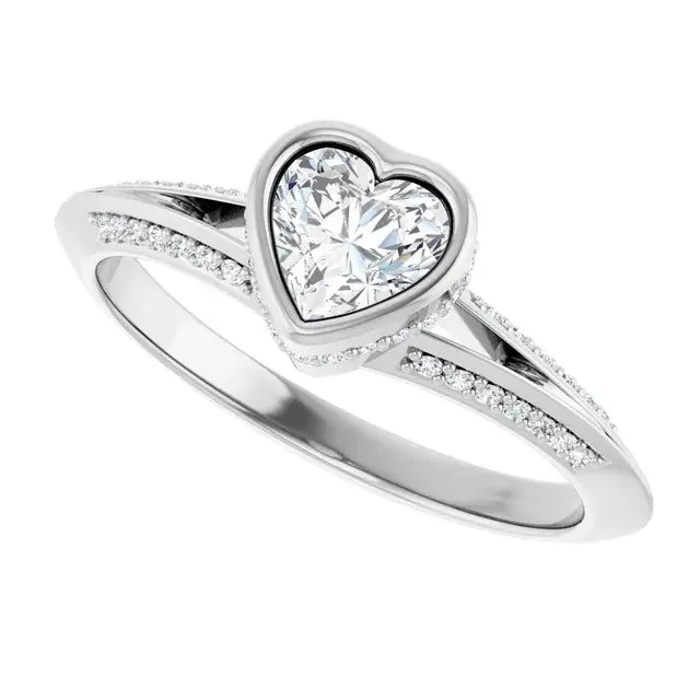 14K White Gold 5/8 CTW Heart-Cut Diamond Engagement Ring with Bezel Setting and Pavé Accents
