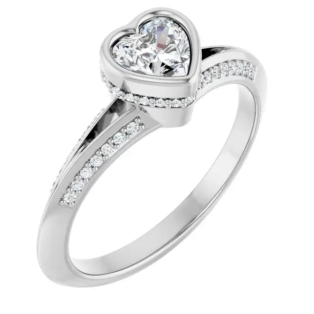 14K White Gold 5/8 CTW Heart-Cut Diamond Engagement Ring with Bezel Setting and Pavé Accents