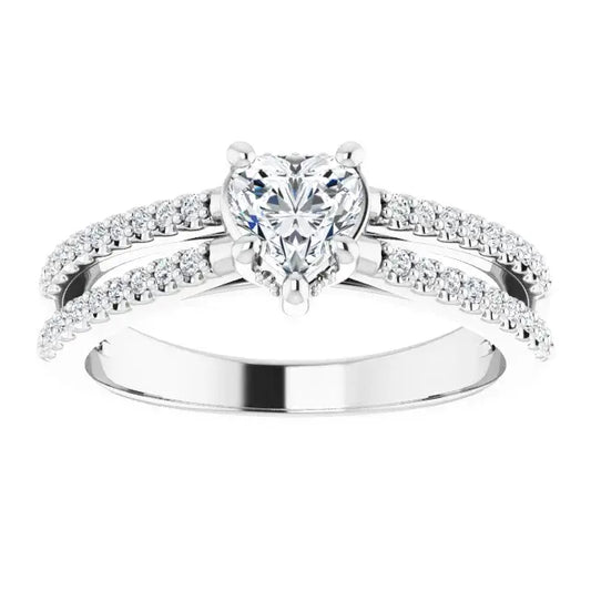 14K White Gold 5/8 CTW Heart Cut Diamond Ring with Double Row Pavé-Set Accents