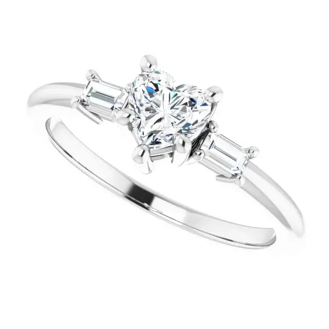 14K White Gold 5/8 CTW Heart-Cut Diamond Three-Stone Engagement Ring with Baguette Accents