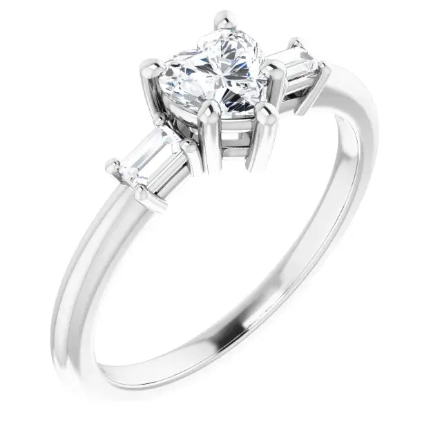 14K White Gold 5/8 CTW Heart-Cut Diamond Three-Stone Engagement Ring with Baguette Accents
