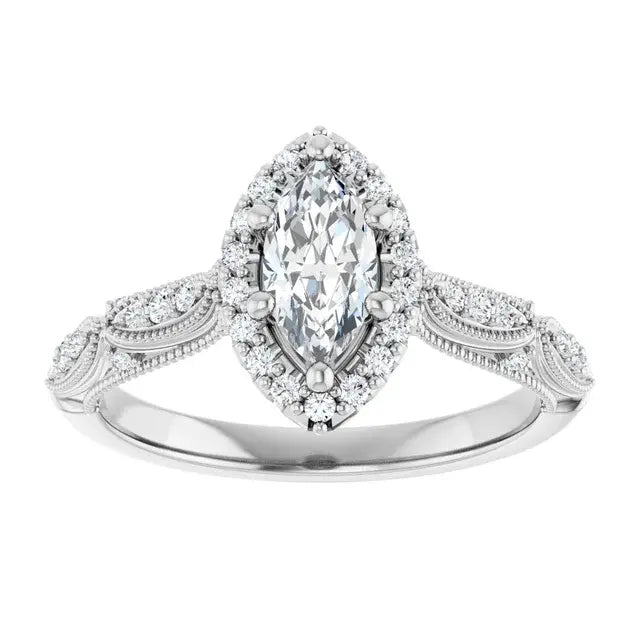 14K White Gold 5/8 CTW Marquise Cut Diamond Halo Engagement Ring with Milgrain Accents