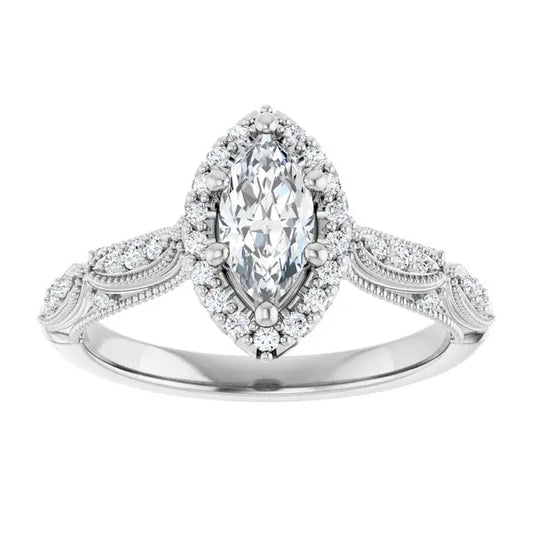 14K White Gold 5/8 CTW Marquise Cut Diamond Halo Engagement Ring with Milgrain Accents