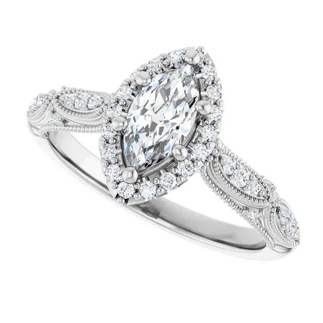 14K White Gold 5/8 CTW Marquise Cut Diamond Halo Engagement Ring with Milgrain Accents