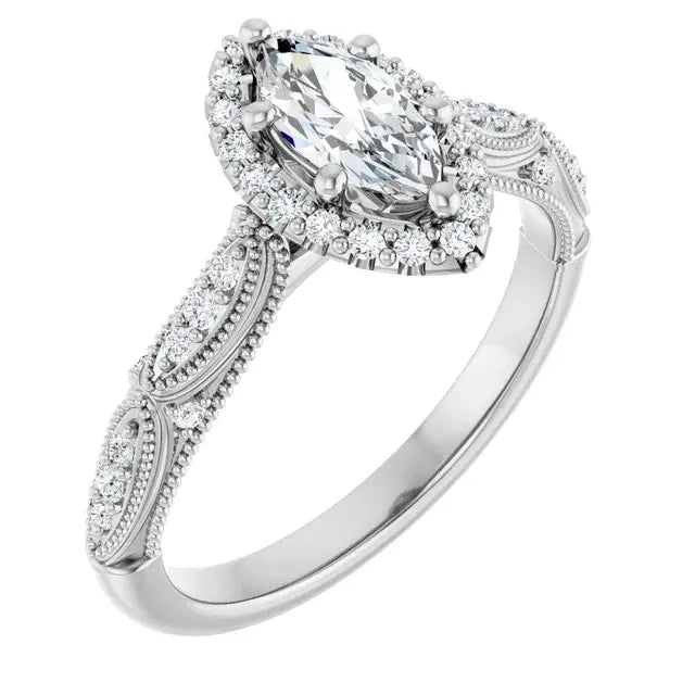 14K White Gold 5/8 CTW Marquise Cut Diamond Halo Engagement Ring with Milgrain Accents