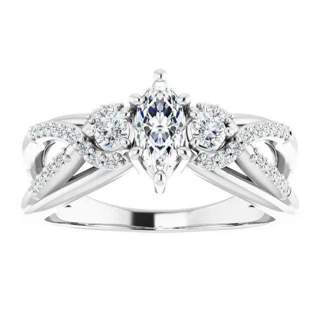 14K White Gold 5/8 CTW Marquise-Cut Diamond Three-Stone Engagement Ring with Twisted Pave Split Shank