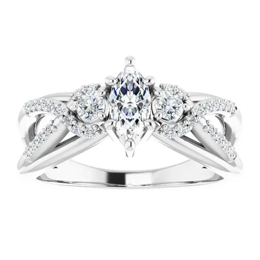 14K White Gold 5/8 CTW Marquise-Cut Diamond Three-Stone Engagement Ring with Twisted Pave Split Shank