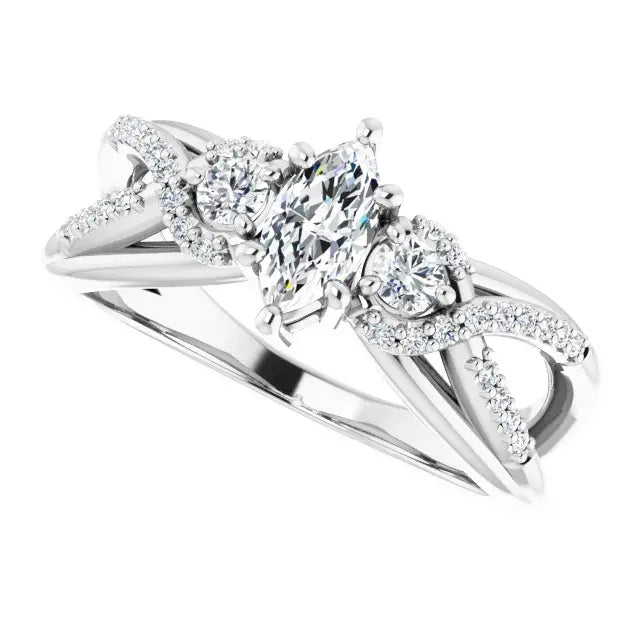 14K White Gold 5/8 CTW Marquise-Cut Diamond Three-Stone Engagement Ring with Twisted Pave Split Shank