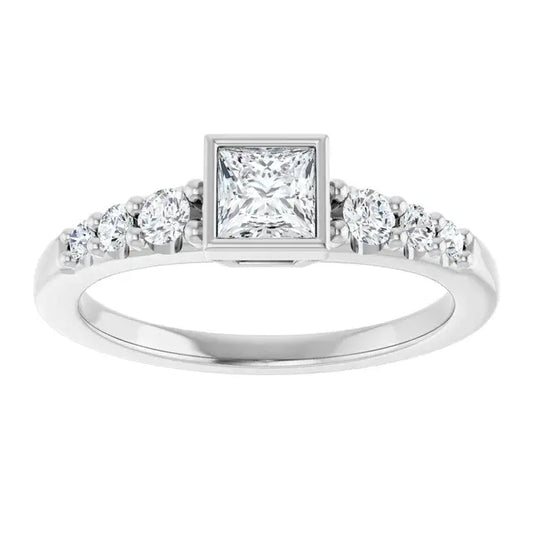 14K White Gold 5/8 CTW Princess-Cut Diamond Engagement Ring with Bezel Setting and Graduated Side Stones