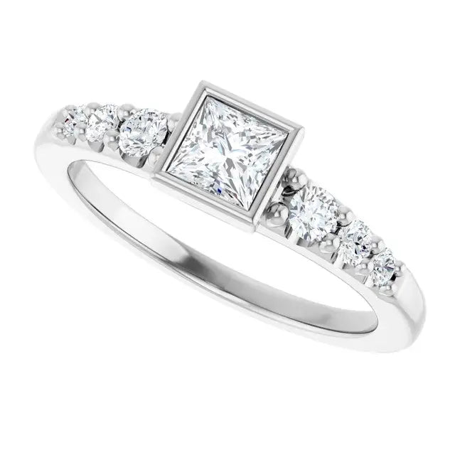 14K White Gold 5/8 CTW Princess-Cut Diamond Engagement Ring with Bezel Setting and Graduated Side Stones