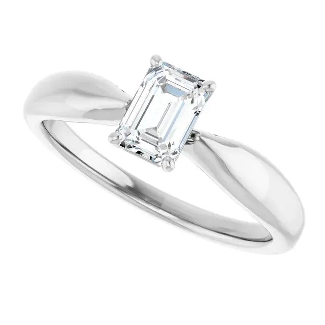 14K White Gold 5/8 CT Emerald-Cut Diamond Solitaire Engagement Ring with Tapered Shank