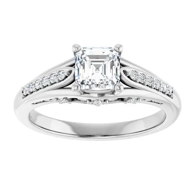 14K White Gold 7/8 CTW Asscher-Cut Diamond Engagement Ring with Split Shank and Pave Accents