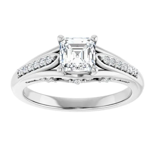 14K White Gold 7/8 CTW Asscher-Cut Diamond Engagement Ring with Split Shank and Pave Accents