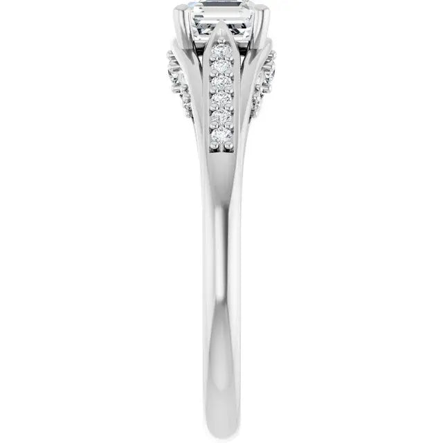 14K White Gold 7/8 CTW Asscher-Cut Diamond Engagement Ring with Split Shank and Pave Accents
