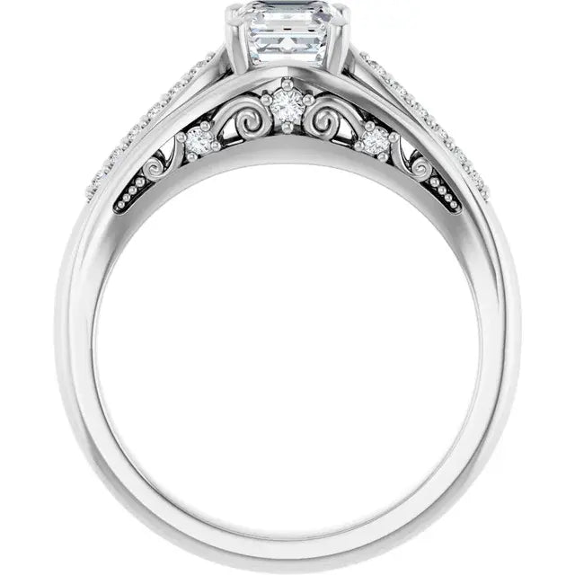 14K White Gold 7/8 CTW Asscher-Cut Diamond Engagement Ring with Split Shank and Pave Accents