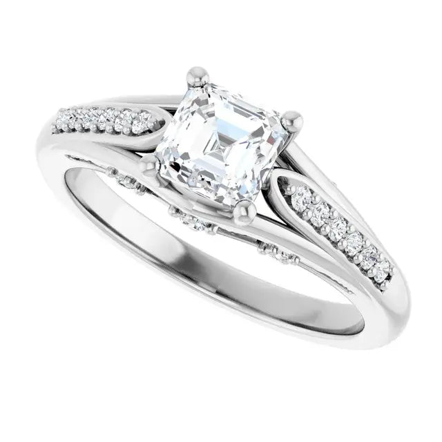 14K White Gold 7/8 CTW Asscher-Cut Diamond Engagement Ring with Split Shank and Pave Accents