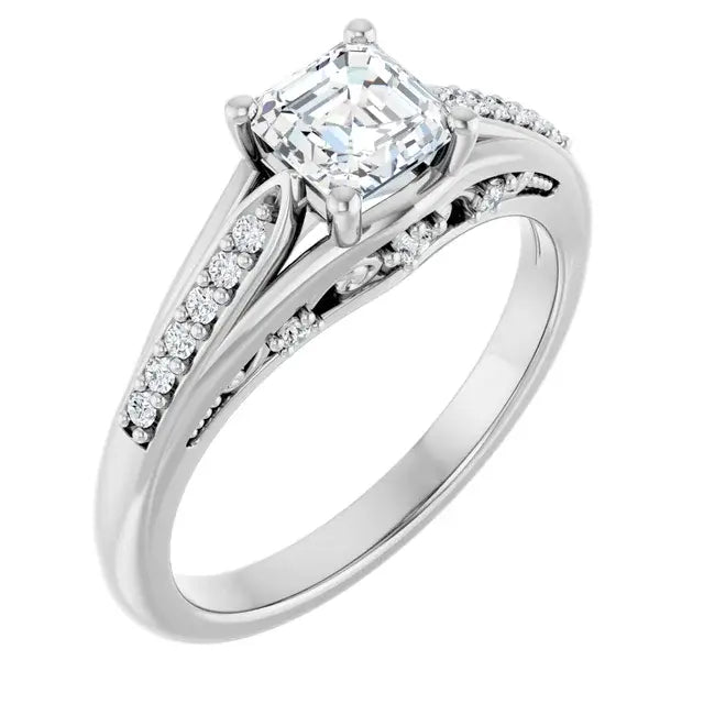14K White Gold 7/8 CTW Asscher-Cut Diamond Engagement Ring with Split Shank and Pave Accents