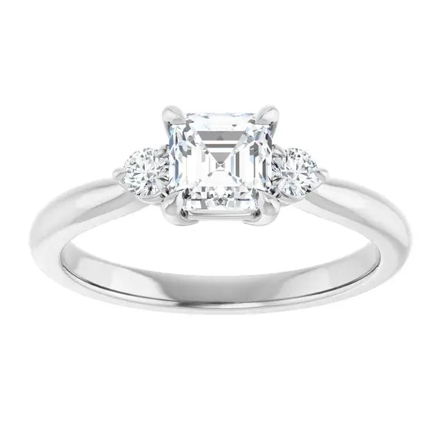 14K White Gold 7/8 CTW Asscher-Cut Diamond Three-Stone Engagement Ring with Round Accents