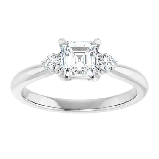 14K White Gold 7/8 CTW Asscher-Cut Diamond Three-Stone Engagement Ring with Round Accents