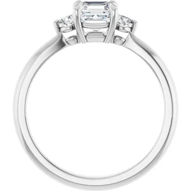 14K White Gold 7/8 CTW Asscher-Cut Diamond Three-Stone Engagement Ring with Round Accents