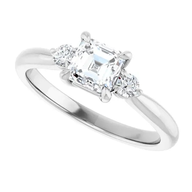 14K White Gold 7/8 CTW Asscher-Cut Diamond Three-Stone Engagement Ring with Round Accents