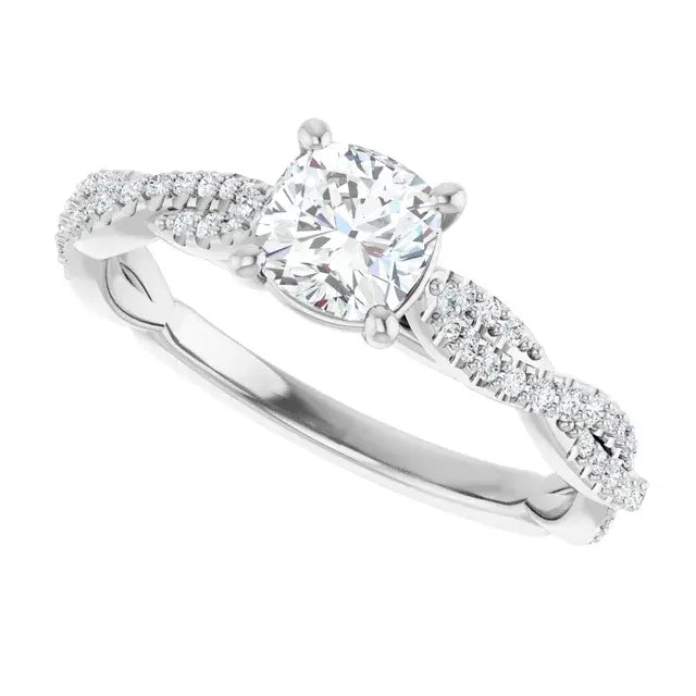 14K White Gold 7/8 CTW Cushion-Cut Diamond Engagement Ring with Twisted Pavé Band