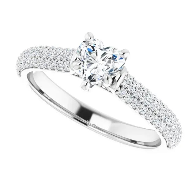 14K White Gold 7/8 CTW Heart-Cut Diamond Engagement Ring with Triple Row Pave Band