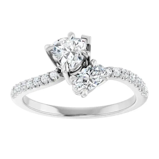 14K White Gold 7/8 CTW Heart Cut Diamond Two-Stone Engagement Ring with Pavé Split Band