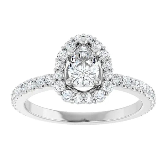 14K White Gold 7/8 CTW Pear-Shaped Diamond Halo Engagement Ring with Pave Band