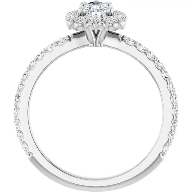 14K White Gold 7/8 CTW Pear-Shaped Diamond Halo Engagement Ring with Pave Band