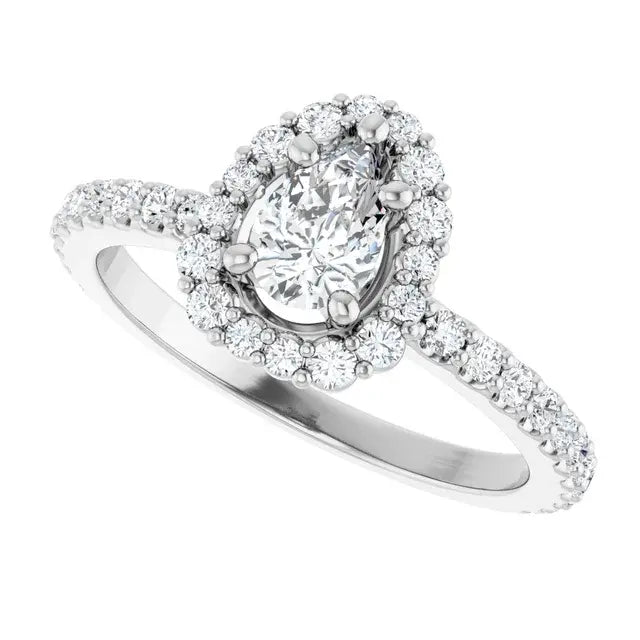 14K White Gold 7/8 CTW Pear-Shaped Diamond Halo Engagement Ring with Pave Band
