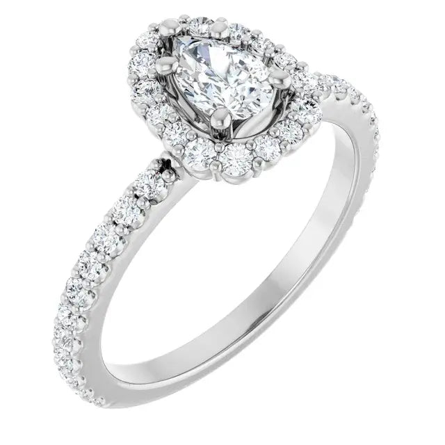 14K White Gold 7/8 CTW Pear-Shaped Diamond Halo Engagement Ring with Pave Band