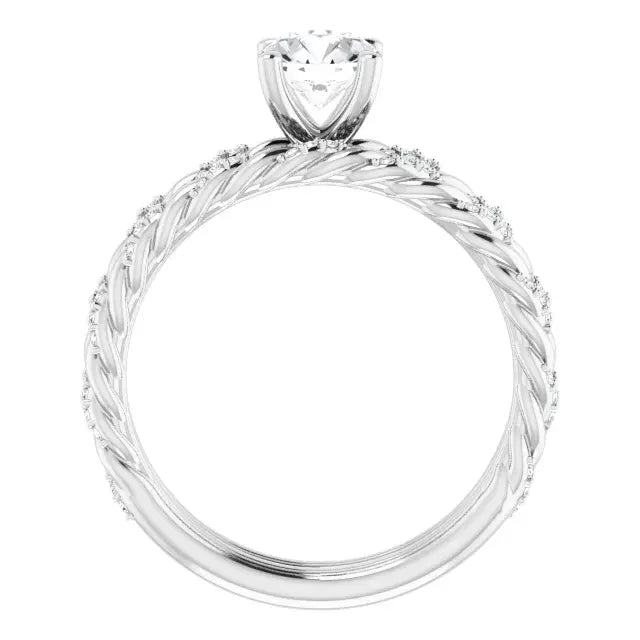 14K White Gold 7/8 CTW Round Cut Diamond Engagement Ring with Twisted Pave Band