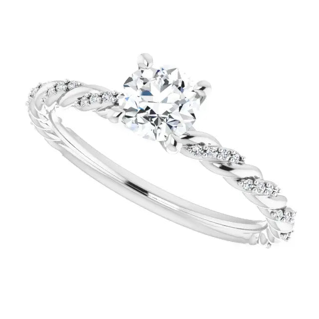 14K White Gold 7/8 CTW Round Cut Diamond Engagement Ring with Twisted Pave Band