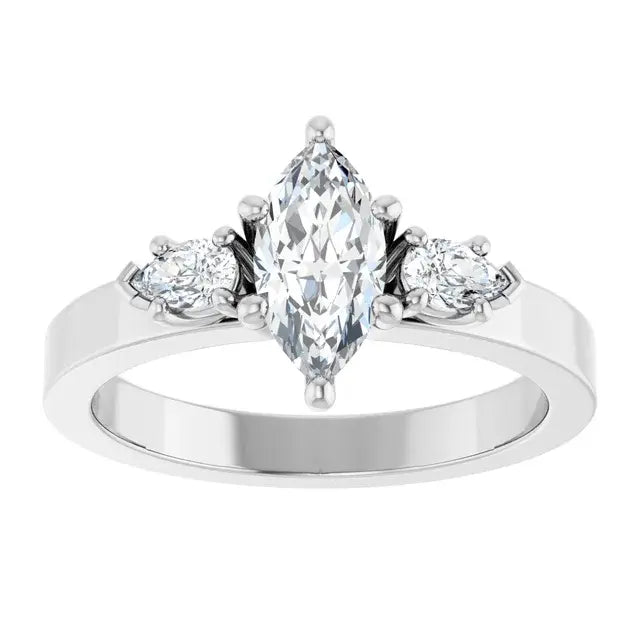 14K White Gold 9/10 CTW Marquise-Cut Diamond Three-Stone Engagement Ring with Oval Side Accents
