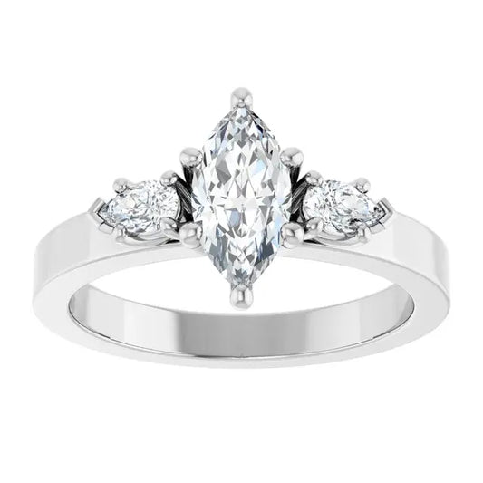 14K White Gold 9/10 CTW Marquise-Cut Diamond Three-Stone Engagement Ring with Oval Side Accents