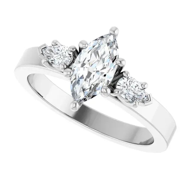 14K White Gold 9/10 CTW Marquise-Cut Diamond Three-Stone Engagement Ring with Oval Side Accents