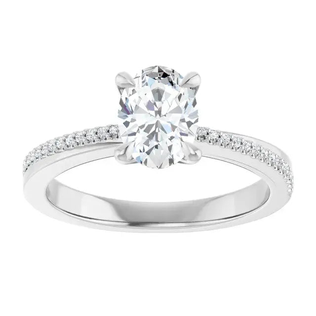 14K White Gold 9/10 CTW Oval-Cut Diamond Engagement Ring with Claw-Prong Setting and Pavé Band