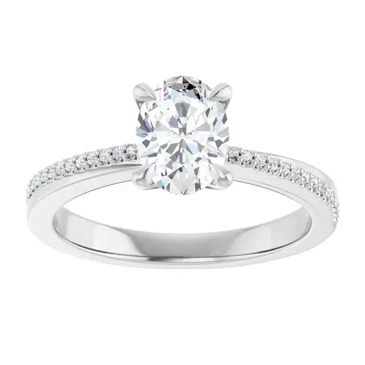 14K White Gold 9/10 CTW Oval-Cut Diamond Engagement Ring with Claw-Prong Setting and Pavé Band