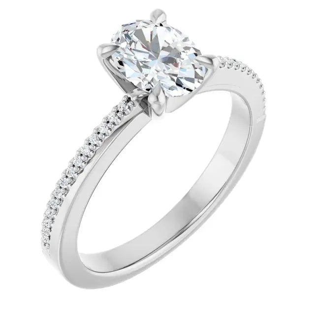 14K White Gold 9/10 CTW Oval-Cut Diamond Engagement Ring with Claw-Prong Setting and Pavé Band